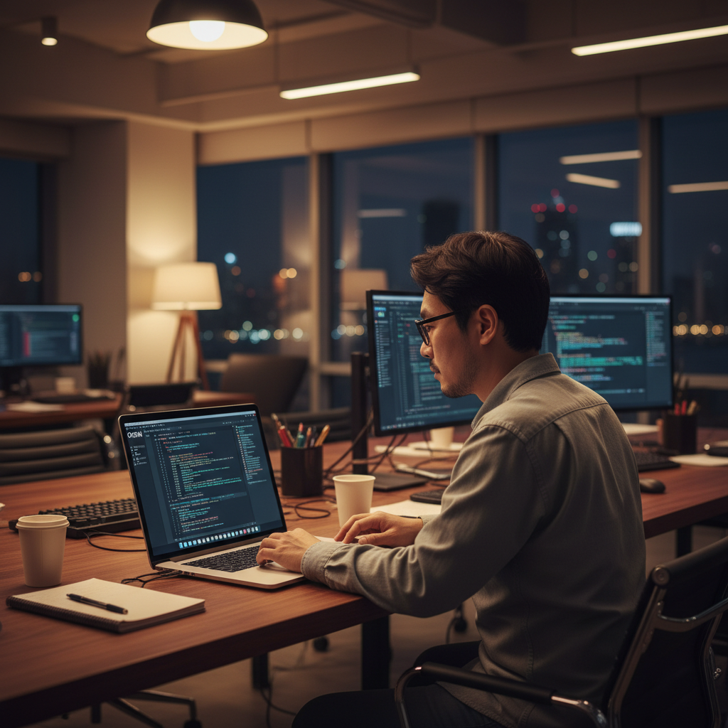 A professional Korean developer working on a MacBook Pro in a modern office with warm lighting. On the screen, a sophisticated coding interface with an OpenAI logo is visible. The atmosphere is productive and tech-oriented. Cinematic lighting, 4:3