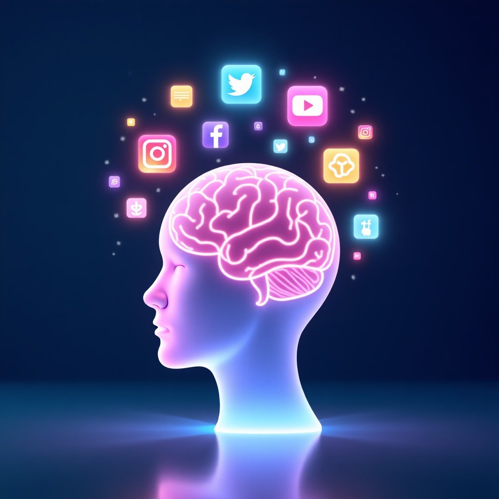 A conceptual high-quality image showing various social media app icons like Instagram, YouTube, and TikTok floating above a glowing brain silhouette representing mental health. Digital health tracking elements, modern tech aesthetic, soft blue and purple lighting, 4:3