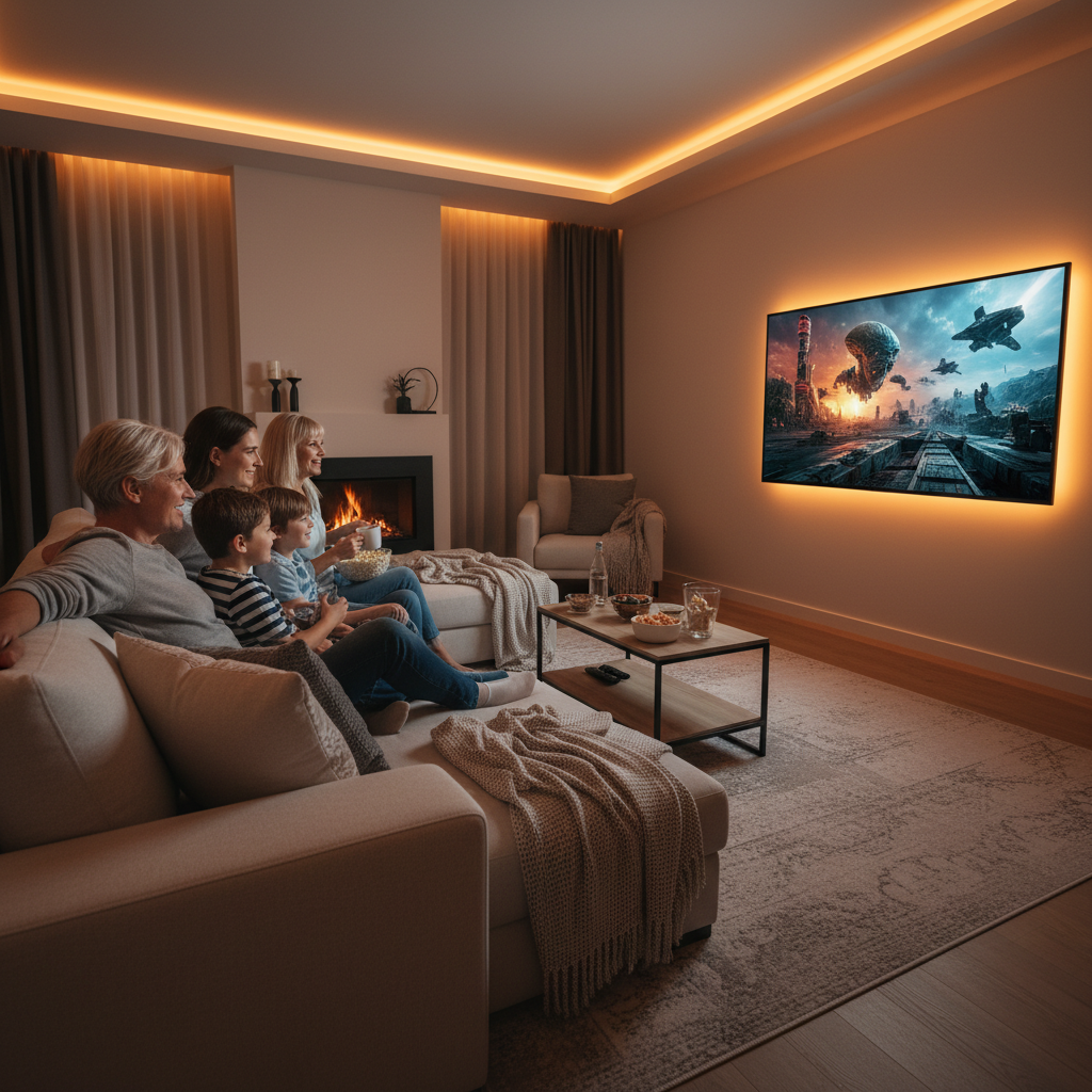 거실에서 편안하게 태블릿과 TV로 콘텐츠를 즐기는 사람들