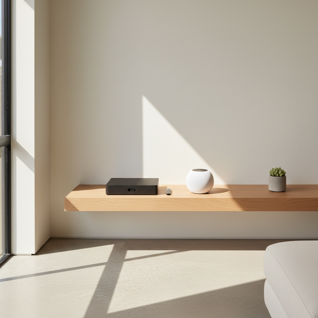 거실 선반 위에 놓인 홈팟과 애플 TV