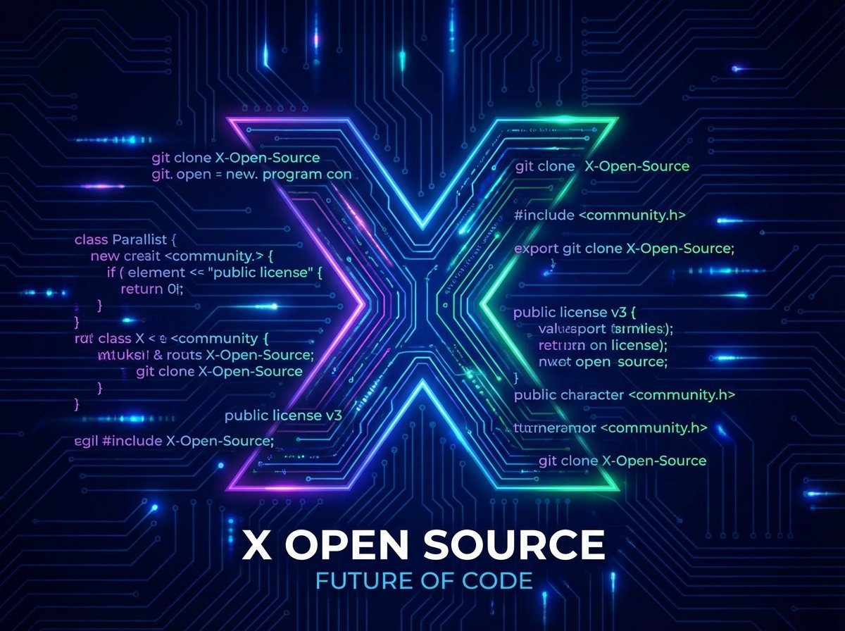 A professional digital concept featuring the X logo integrated with glowing lines of open source programming code on a dark blue background. High contrast, modern technology style, X Open Source related theme. 4:3