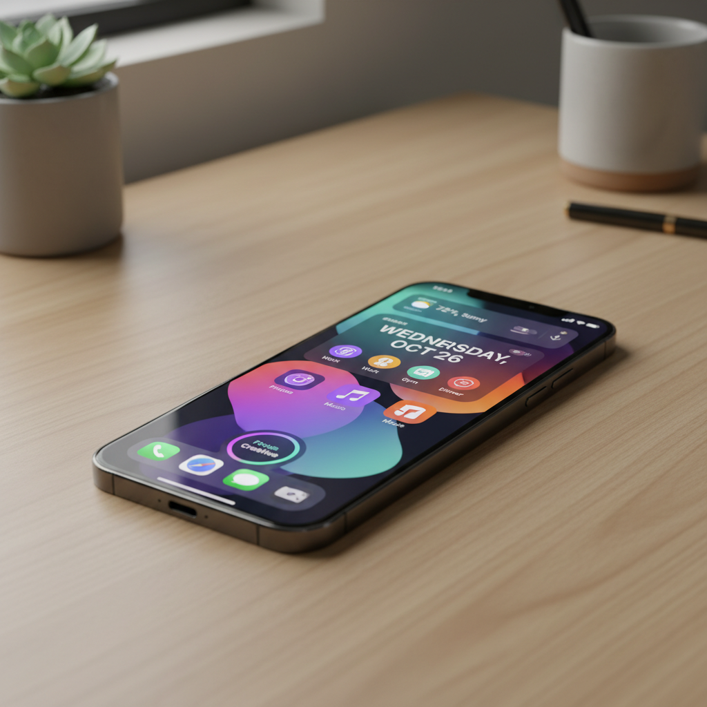 A sleek modern iPhone 17 Pro displaying a vibrant iOS 26 home screen with customizable widgets and icons, placed on a clean minimalist desk with soft natural lighting, high quality lifestyle photography, 4:3