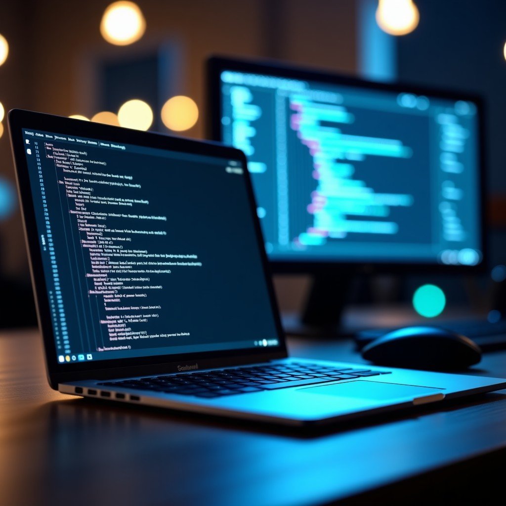 A sleek silver laptop screen displaying complex programming code with faint translucent icons of a laptop and a high-end monitor in the background. Modern tech office lighting. 4:3