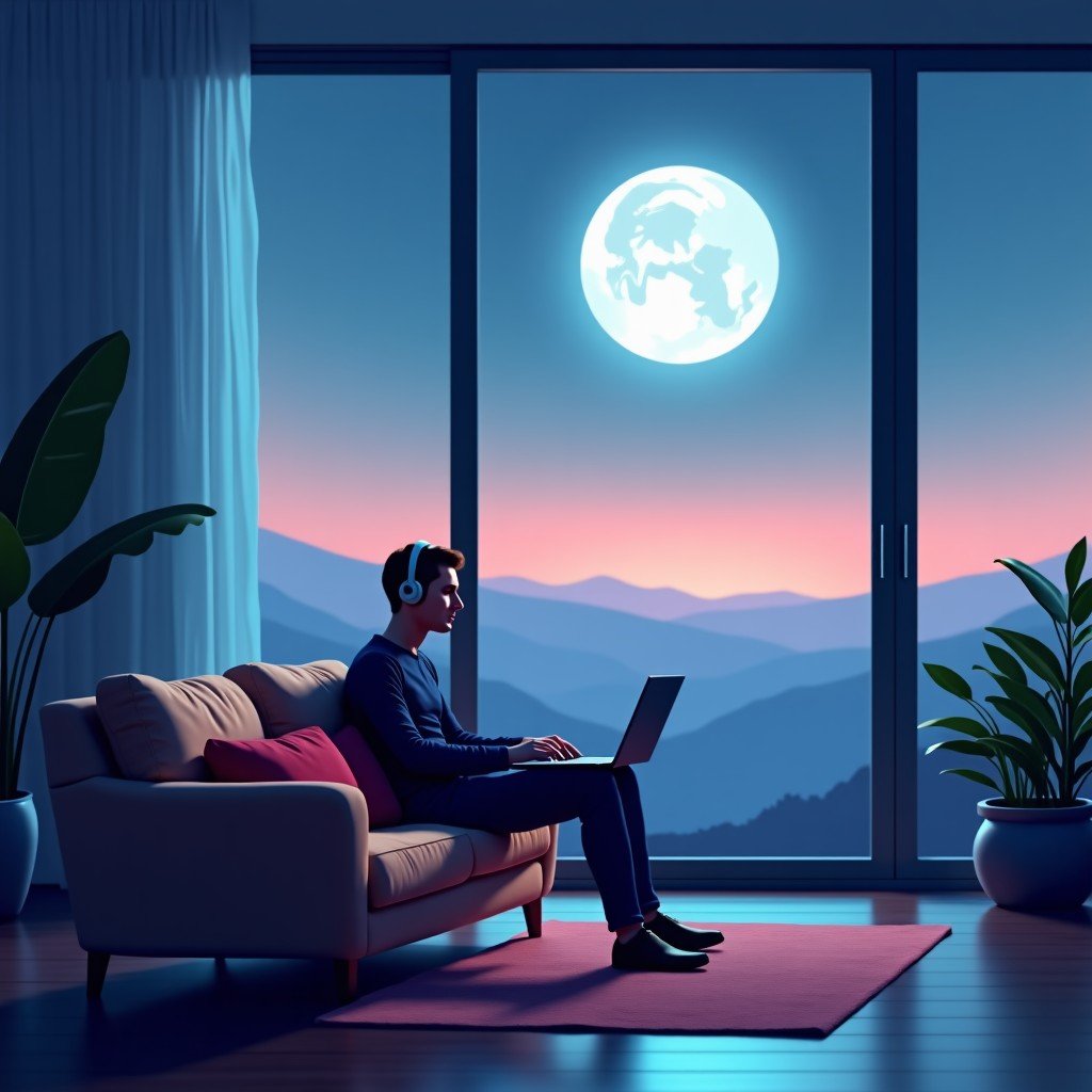 A person sitting comfortably on a sofa in a modern living room, wearing a headset, surrounded by a calm and vast lunar landscape with soft ambient lighting, 4:3