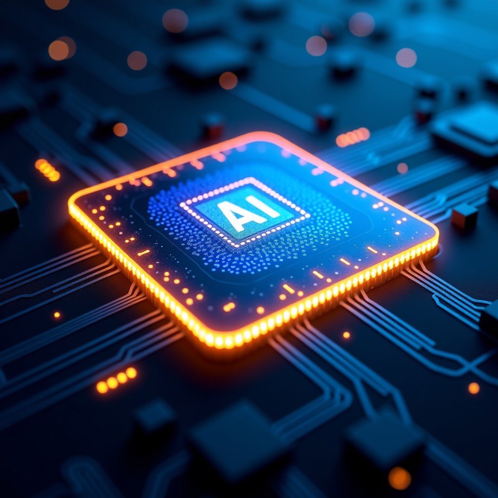 A glowing high-tech semiconductor chip with intricate circuitry glowing in blue and gold, representing advanced AI processing power, dark background, cinematic lighting, 1:1