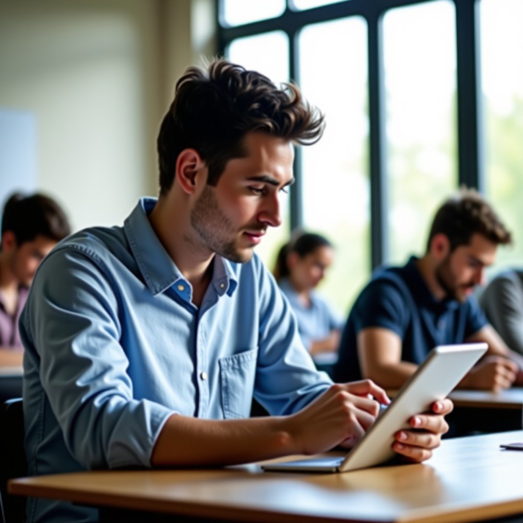 A college student sitting in a bright modern classroom using a tablet for taking notes. Natural lighting, educational setting, focused atmosphere, realistic style, 4:3