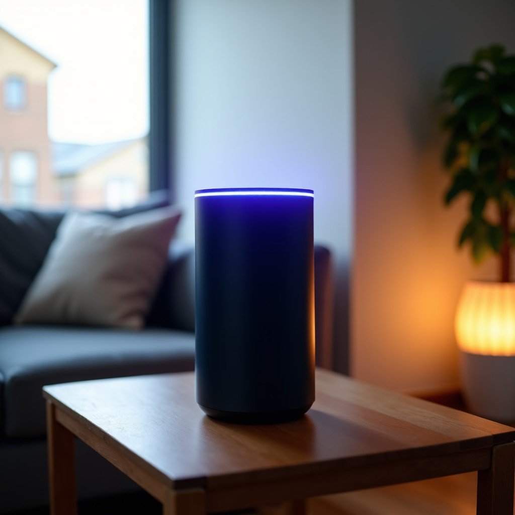 A modern Amazon Echo smart speaker on a wooden side table in a brightly lit living room. The top of the device is glowing with a vibrant neon blue and purple light ring representing advanced AI. Soft natural light from a window, high quality lifestyle photography, 1:1