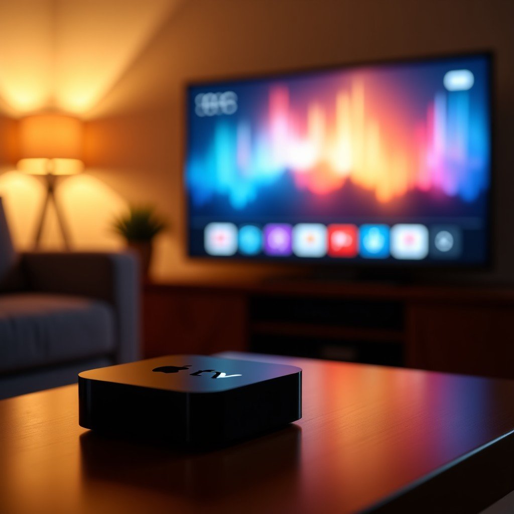 A cinematic lifestyle shot of a modern living room with a sleek Apple TV 4K box connected to a large high-end television displaying a vibrant user interface. Warm ambient lighting, cozy sofa in the background, high contrast, 4:3