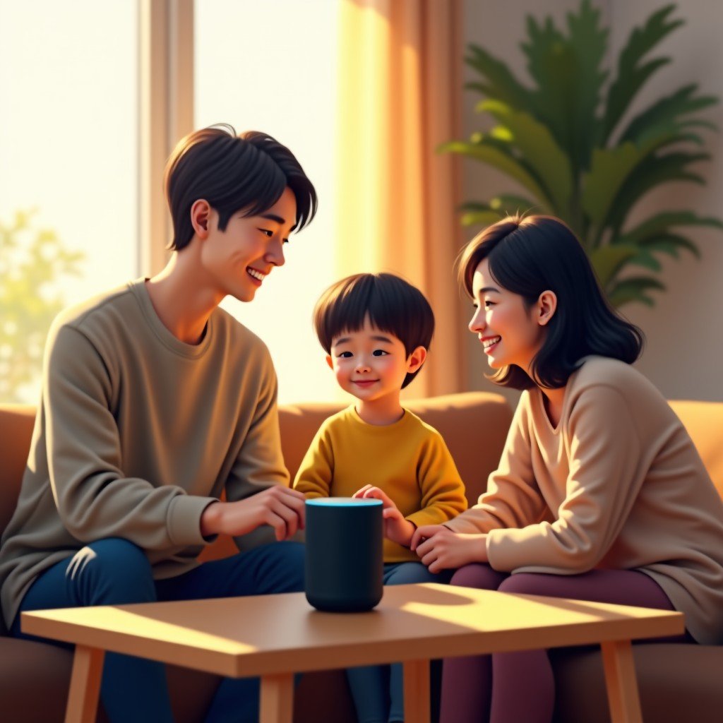 A happy Korean family in a cozy modern living room interacting with a smart speaker on a shelf. They are smiling and looking curious. Warm afternoon sunlight, natural and realistic atmosphere, 4:3