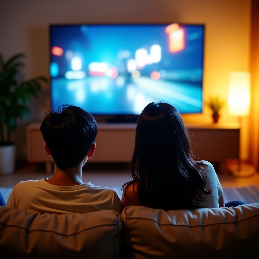A happy Korean couple sitting on a cozy sofa in a modern living room watching a movie on a large TV screen. The atmosphere is warm and inviting with soft ambient lighting. Lifestyle photography, natural setting, 1:1