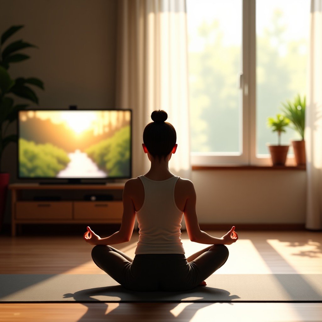 A peaceful indoor setting with a Korean person sitting in a meditation pose on a high-quality yoga mat. An Apple TV screen in the background displays a calming meditation session. Soft morning sunlight filters through the window. 4:3