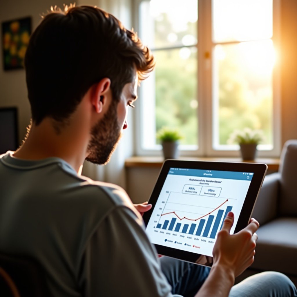 A person looking at their health progress on a tablet, calm home environment, warm sunlight, realistic lifestyle photography, 1:1