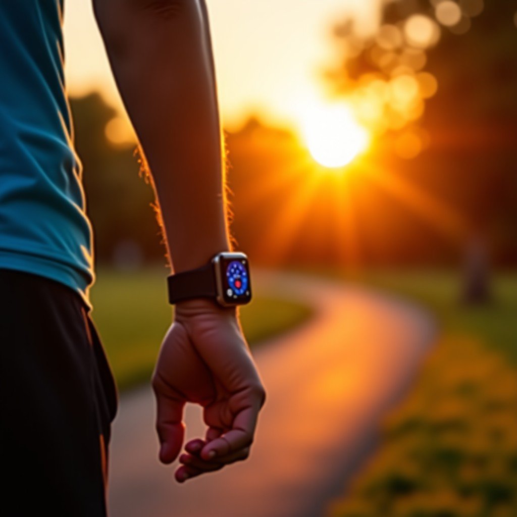 A healthy person jogging in a park during sunset with an Apple Watch on their wrist, vibrant warm colors, cinematic atmosphere, 4:3
