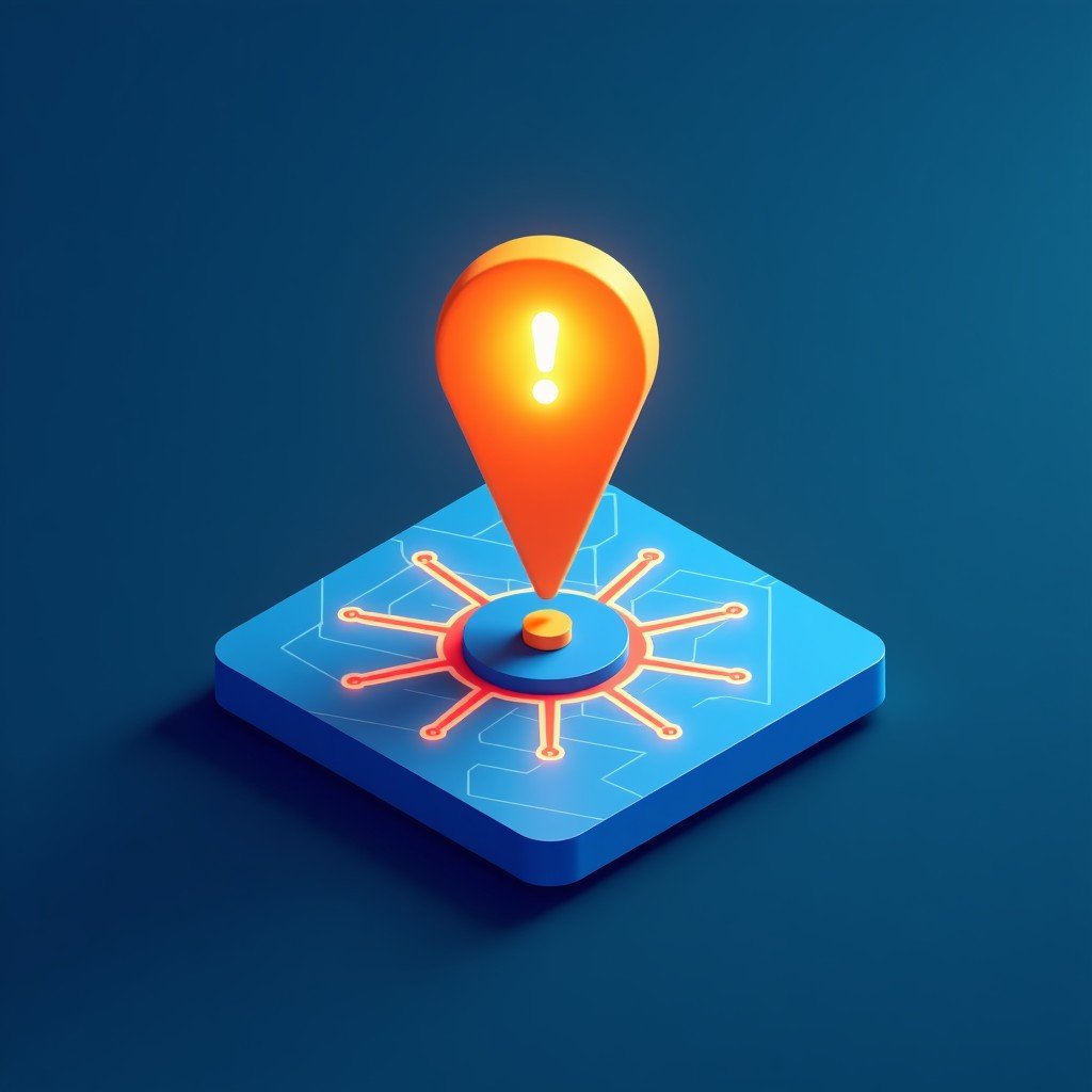 A modern infographic style image showing a warning icon over a stylized smart home network map. High contrast, blue and orange color palette, clean layout. 4:3