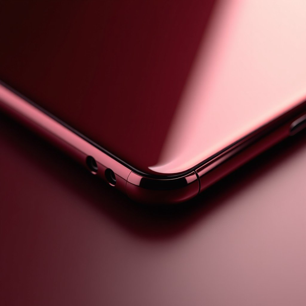 Close-up of a premium smartphone's titanium edge with a rich burgundy red color, soft studio lighting, showcasing metallic texture and precise craftsmanship, 4:3