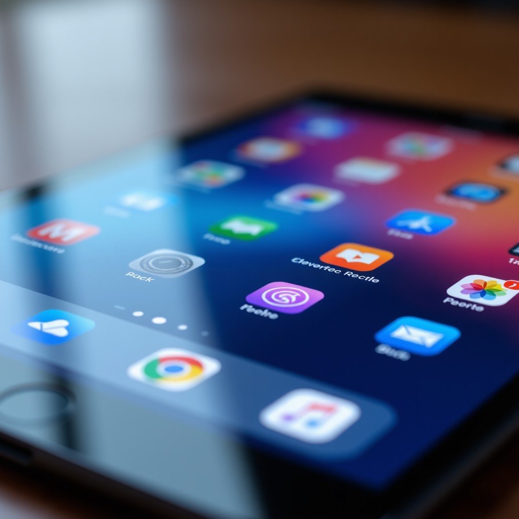 Macro shot of a tablet screen displaying a sophisticated and colorful user interface with blurry icons, high resolution, 4:3