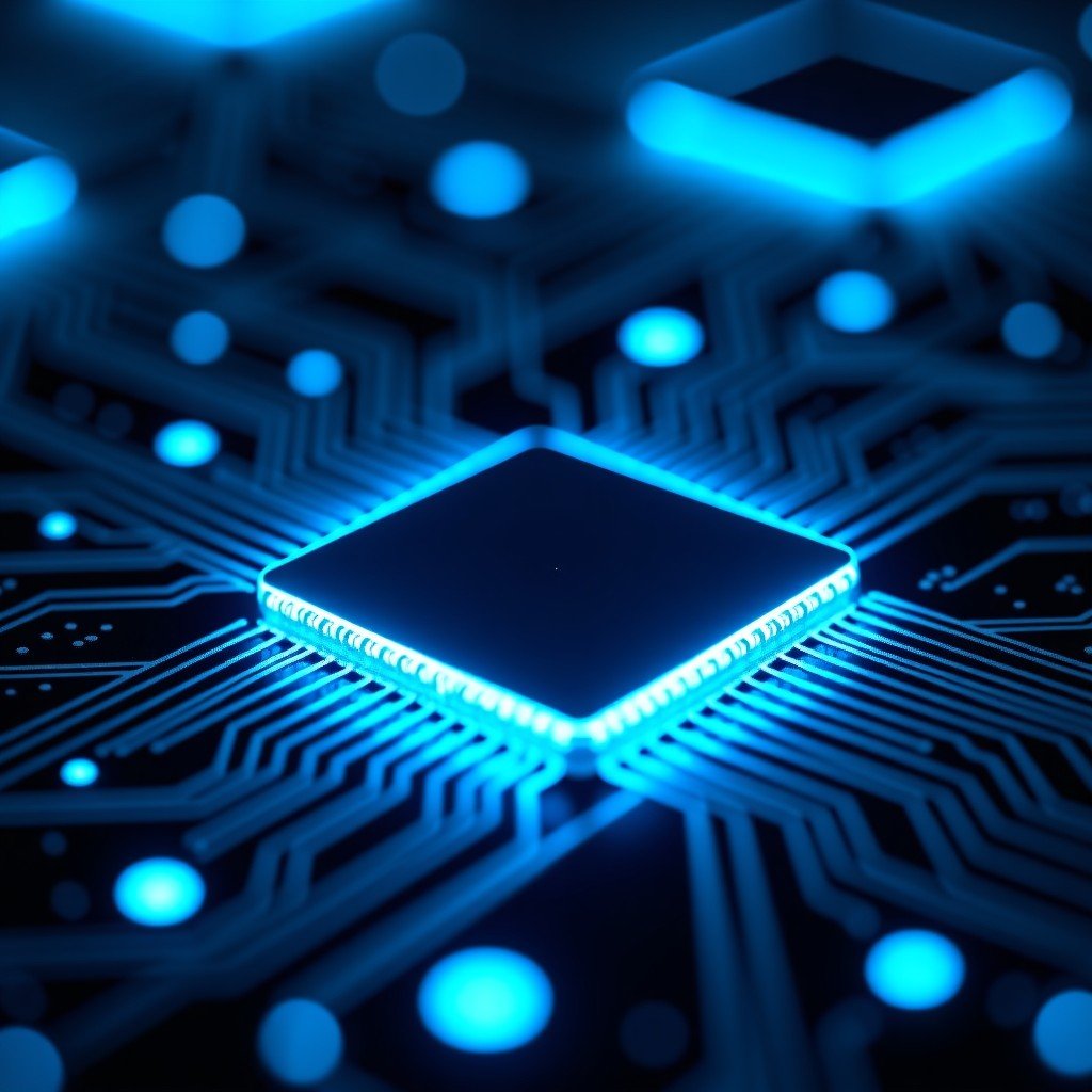 Close-up of a high-tech processor chip showing intricate circuitry, glowing blue light accents, futuristic technological atmosphere, high contrast, 1:1