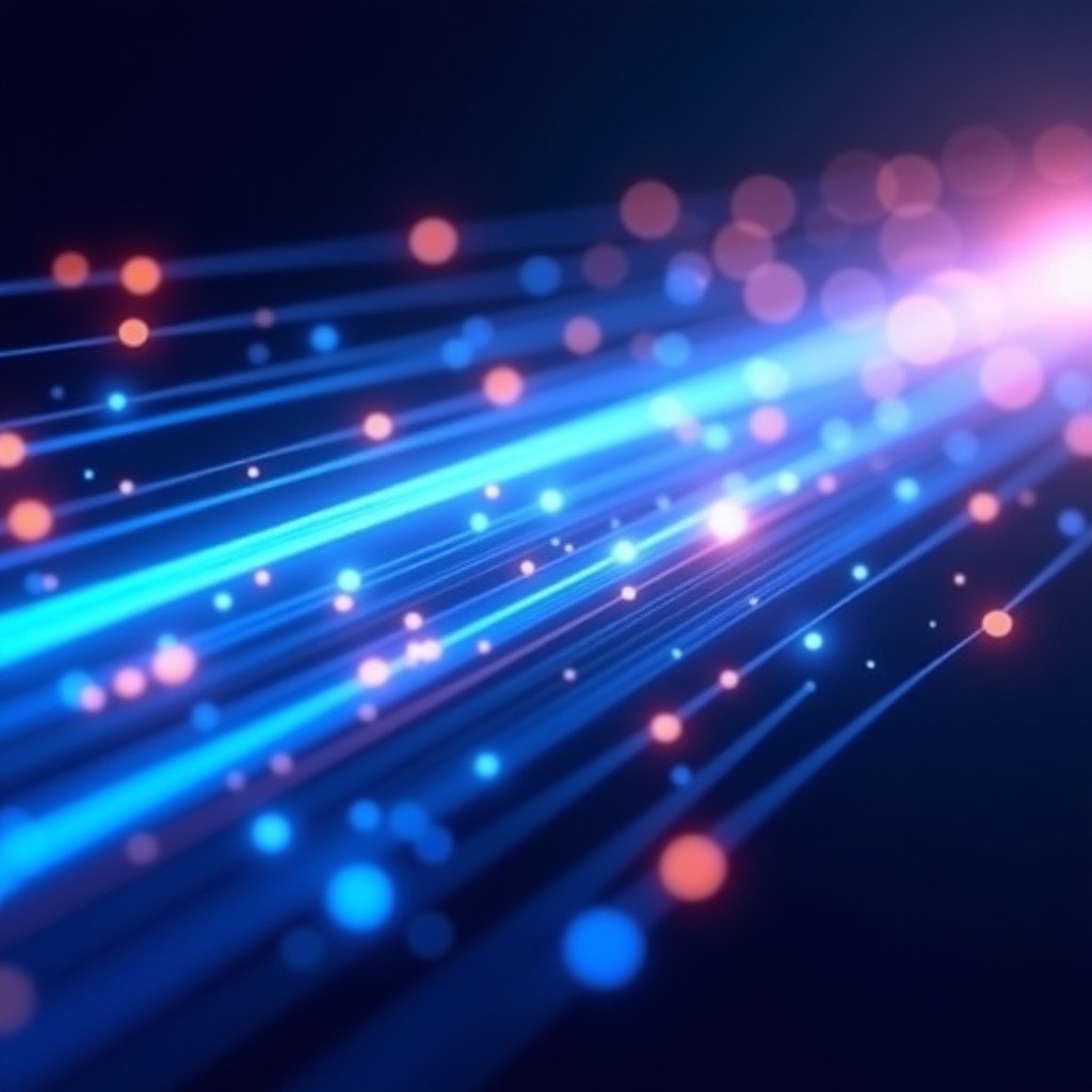 Abstract representation of high-speed data transfer with glowing light trails in blue and purple tones symbolizing 153GB/s bandwidth. 4:3