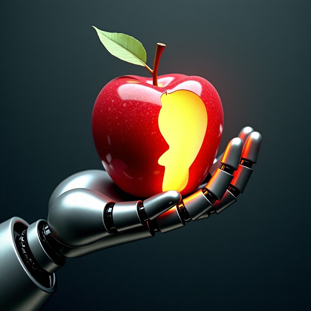 A broken metallic robotic hand holding a glowing apple, symbolic of failed technology and broken promises, textured dark background, 4:3