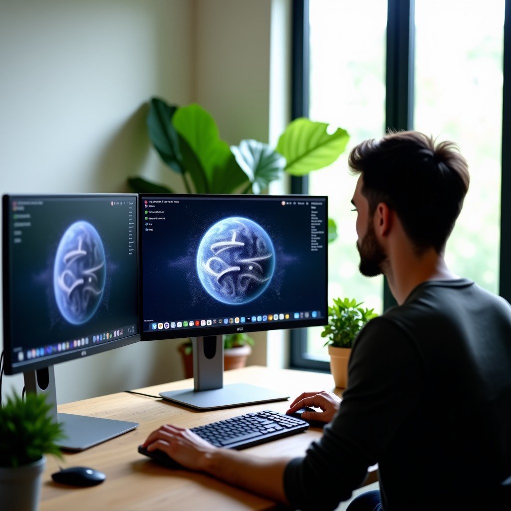 A professional creative workspace showing two high-resolution 5K monitors connected to a compact silver desktop. A designer is working on complex 3D graphics. The room has natural sunlight and indoor plants. 4:3
