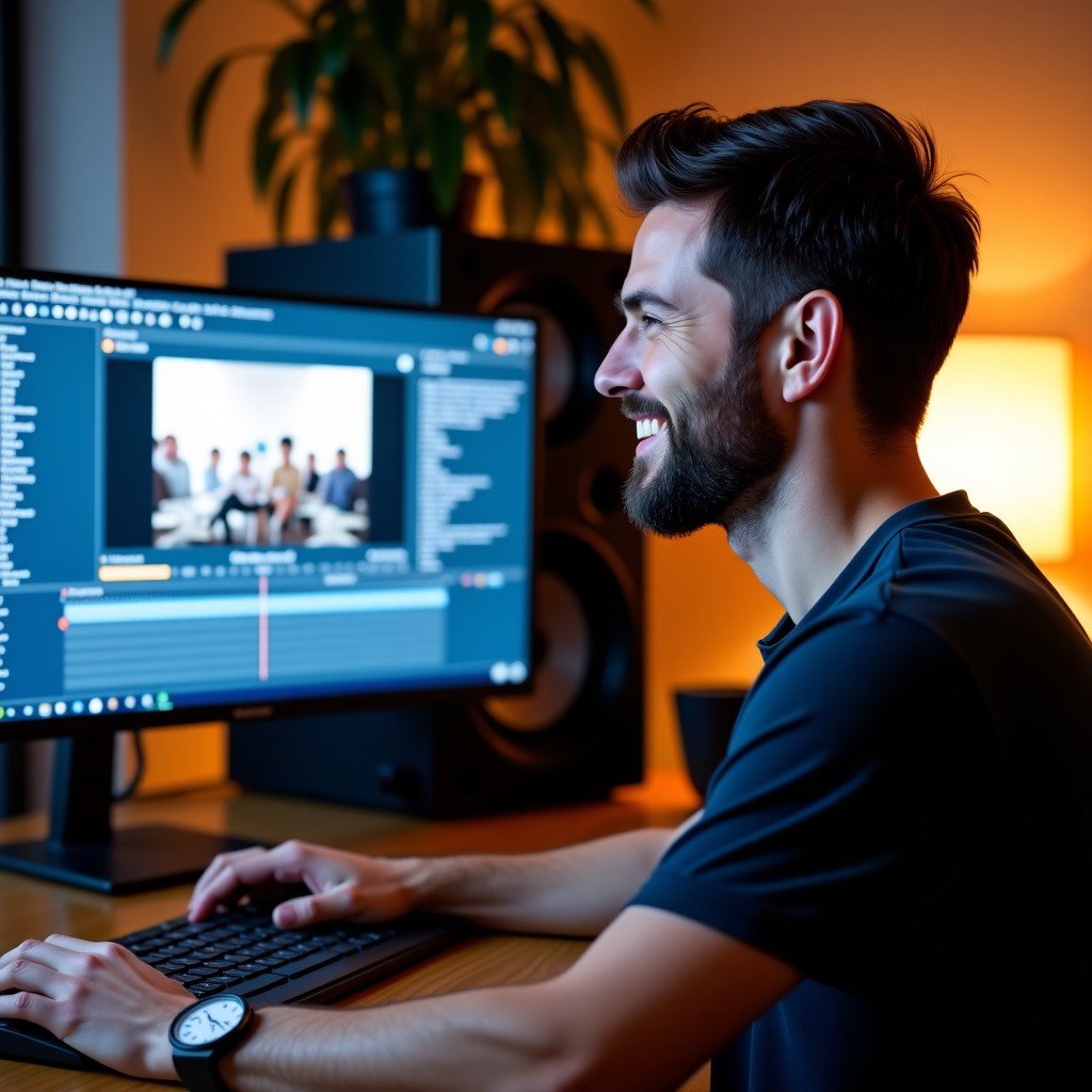 A professional video editor in a modern studio, looking at a large monitor showing a high-quality finished video, smiling with satisfaction, warm indoor lighting, professional equipment in background, 1:1