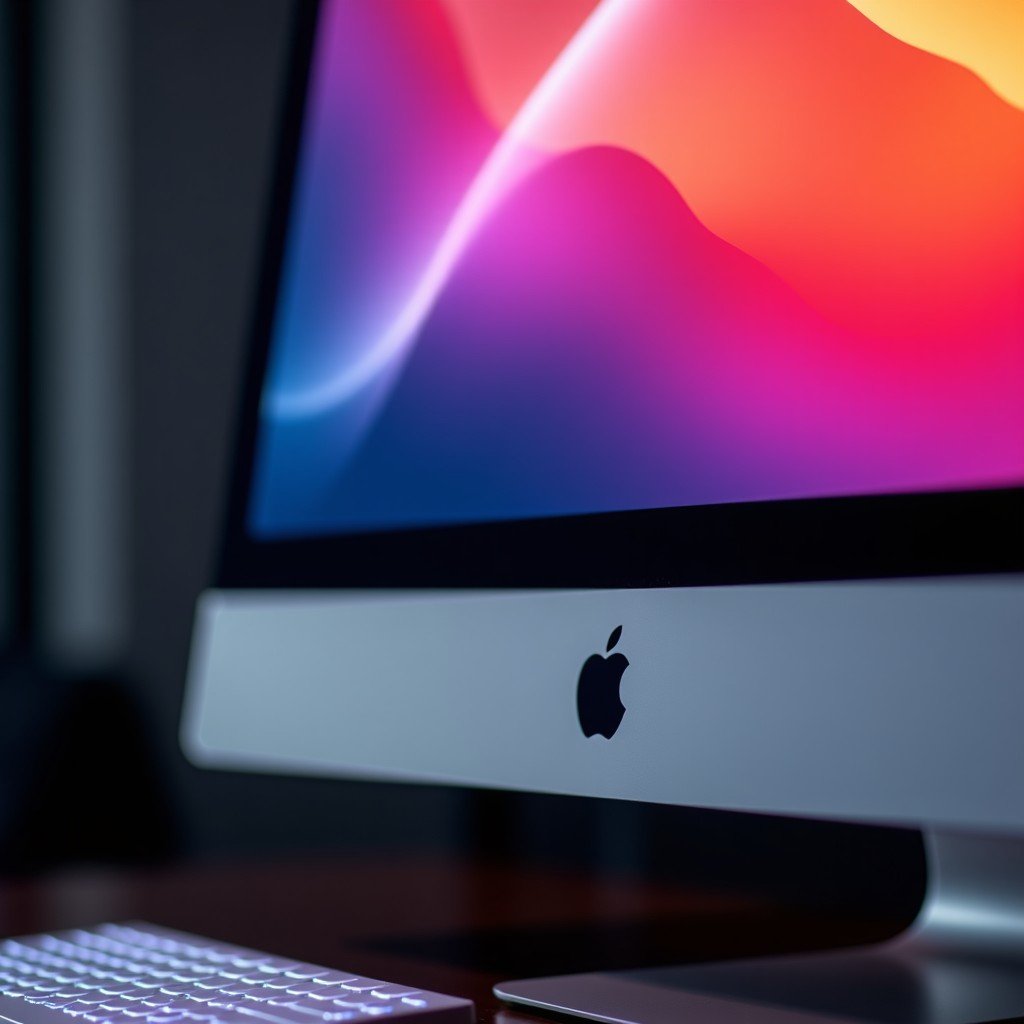 A creative professional using a high-end Apple Studio Display 2 for video editing. The screen shows smooth motion graphics with vibrant colors. Close-up on the fluid movements of the editing software interface. 4:3