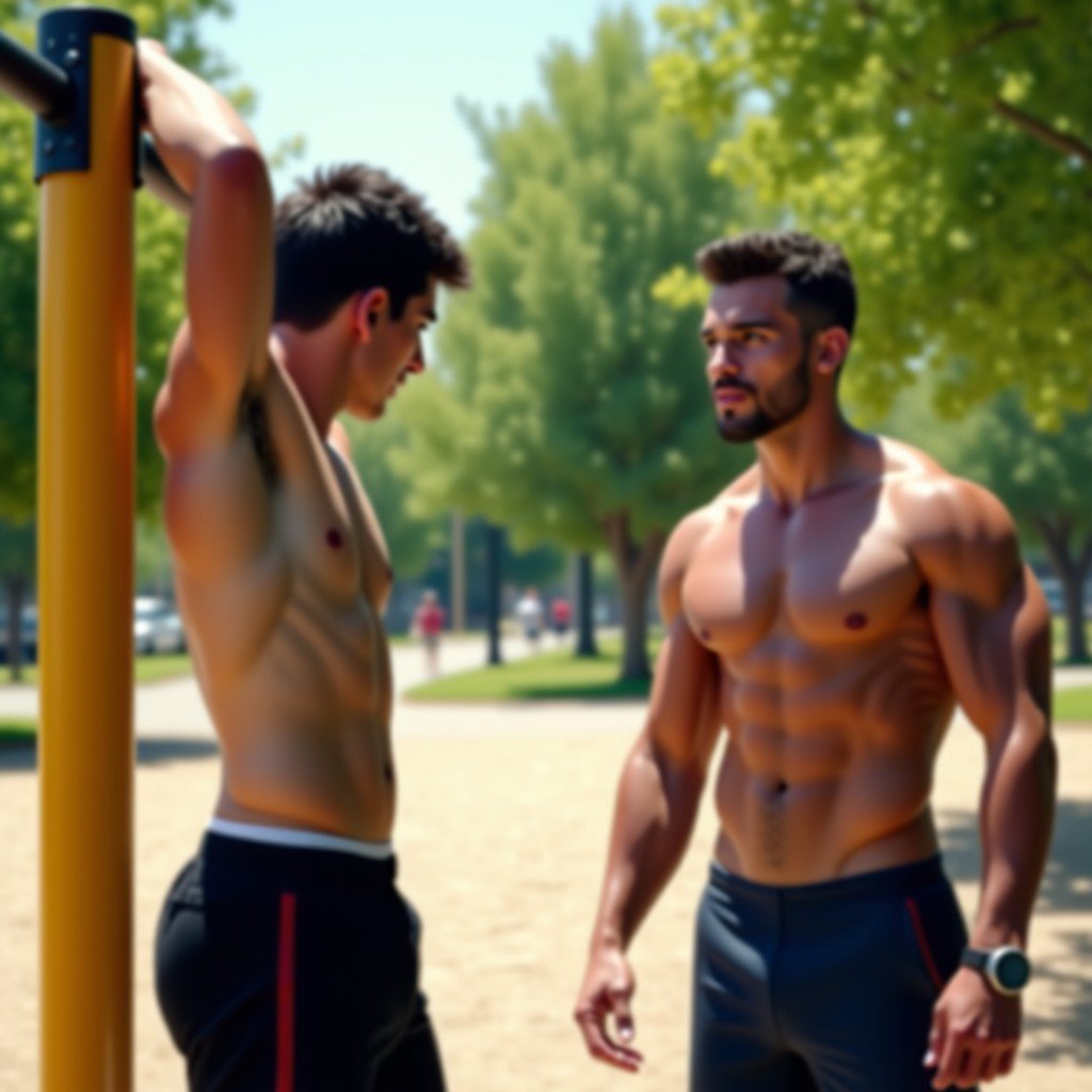 A cinematic shot of a young athletic person doing pull-ups in a sunny public park, looking at a tall muscular man nearby who is talking with a neutral expression. Realistic outdoor lighting, vibrant park background. 4:3