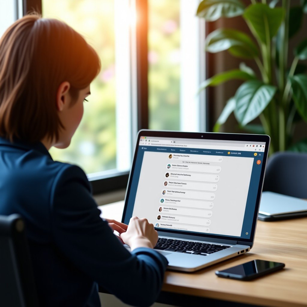 A professional person sitting in a modern office, focused on a laptop screen displaying a clean chat interface without any advertisements, warm and bright lighting, natural setting. 4:3