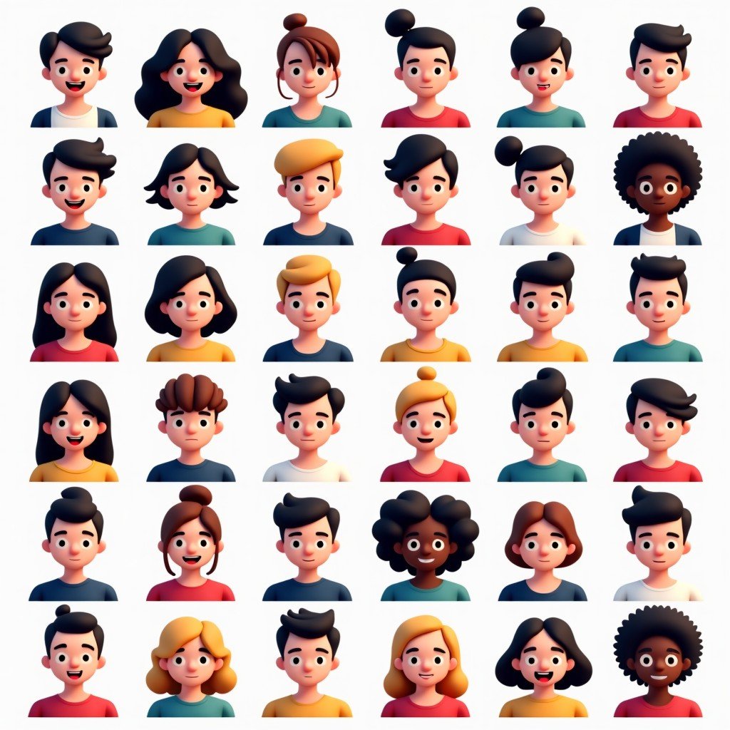 A grid of various creative AI-generated photo styles, including cartoon, realistic, and artistic renderings, modern UI design elements, colorful and engaging. 4:3