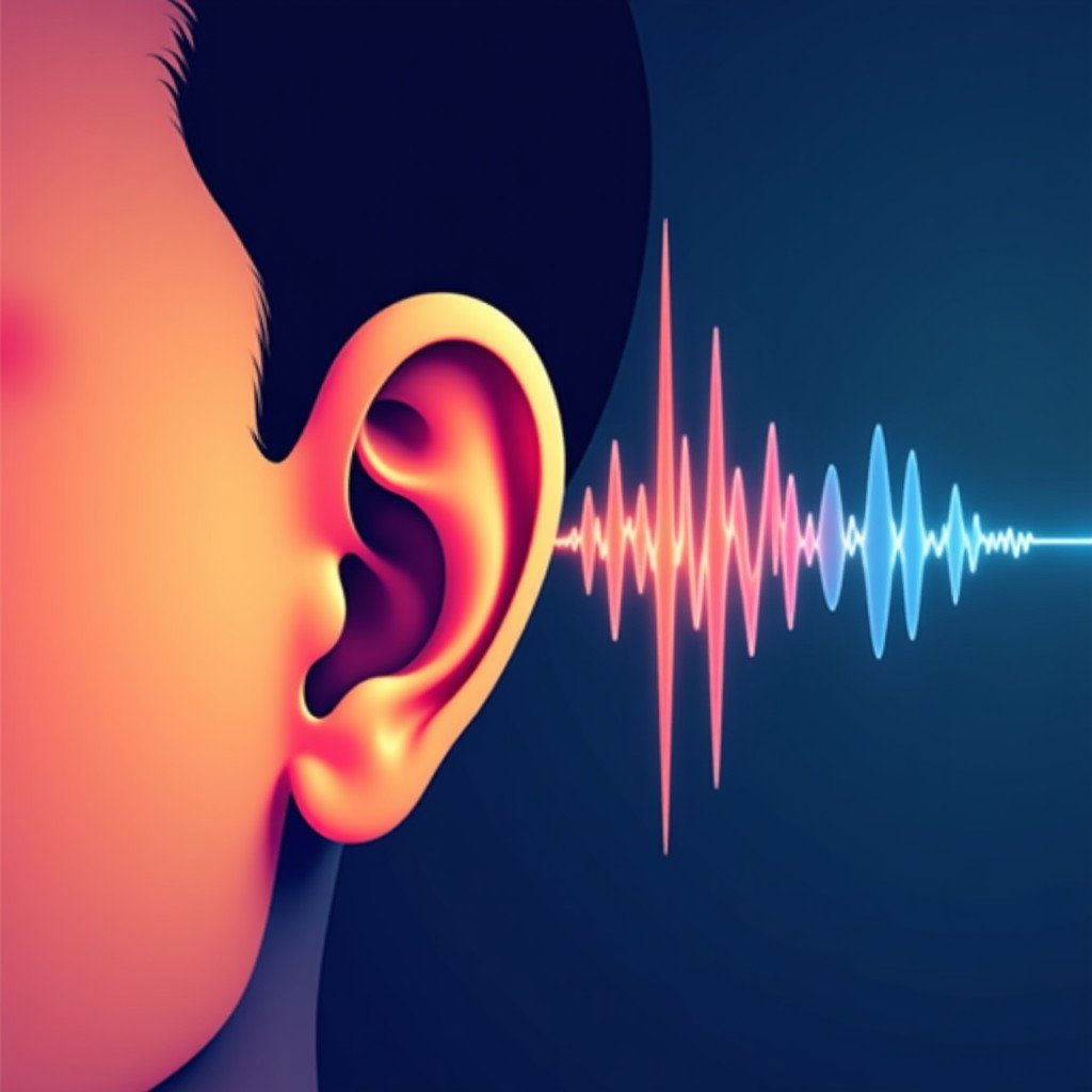 Abstract and artistic illustration of sound waves entering a human ear, vibrant but calming colors, clean lines, medical illustration style but modern, high contrast, 4:3