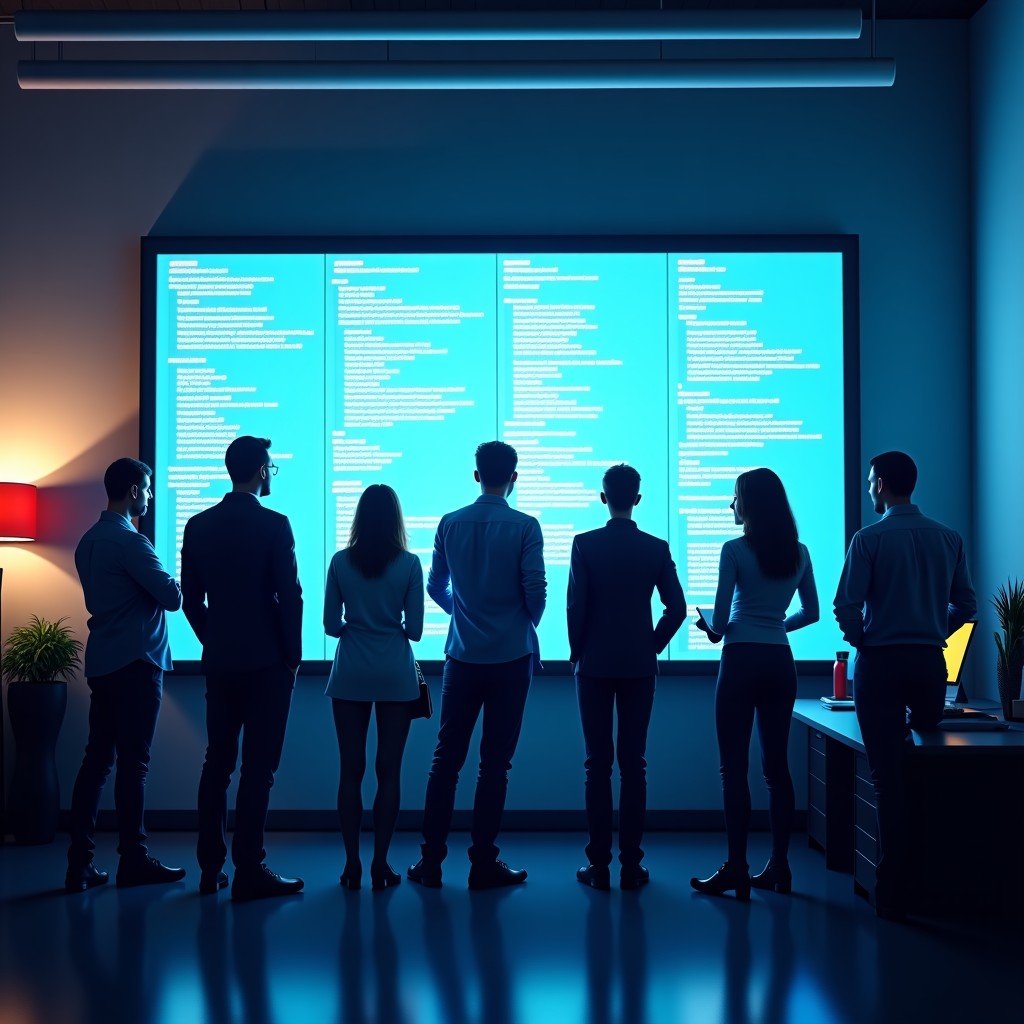 A group of professional software developers in a modern office looking at a large screen with code and policy documents, realistic workplace setting, professional atmosphere 4:3