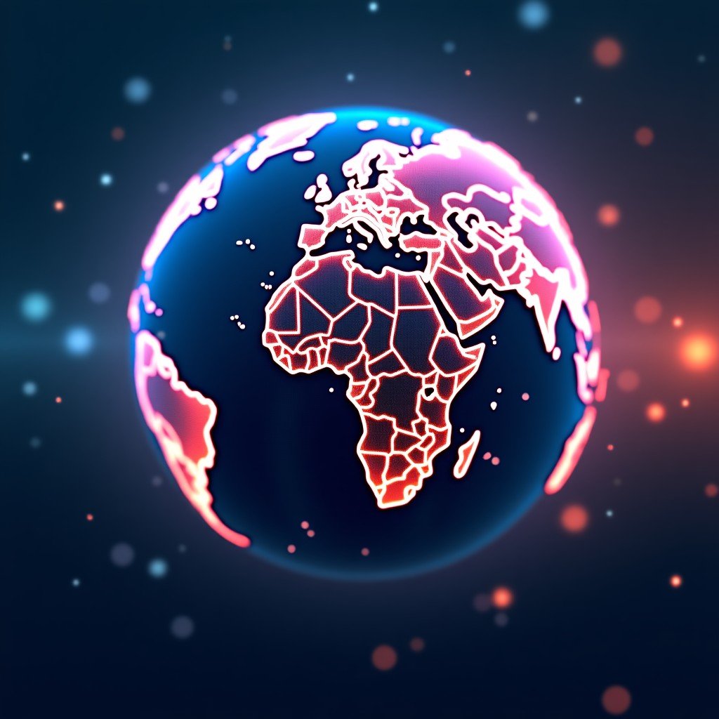 A futuristic digital globe glowing with interconnected lines and nodes representing global gaming networks, cinematic background with deep space colors, 4:3