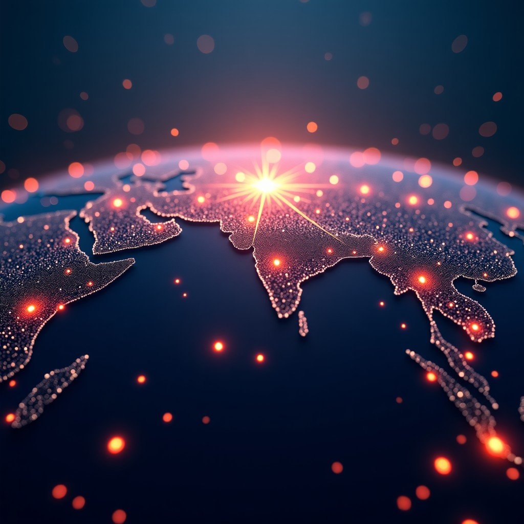 A vast network of glowing data points connecting across a stylized digital globe. Light trails represent the flow of information into a central core of light. The composition is expansive and futuristic. 4:3