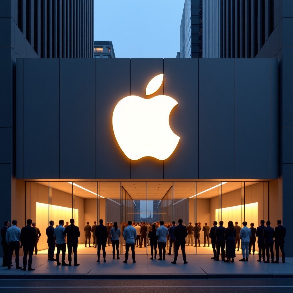 A modern architectural building with a glowing Apple logo at night. People gathered in front of a glass entrance in a city like London or New York. Atmospheric city lights. 4:3