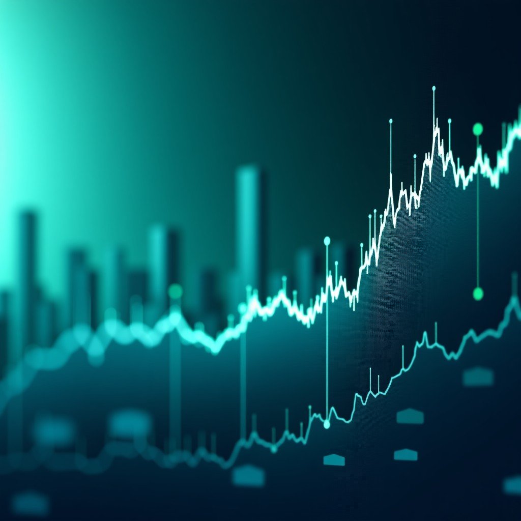 A digital stock market chart showing fluctuations with a faint silhouette of a high-tech city in the background, cool blue and green tones, 4:3