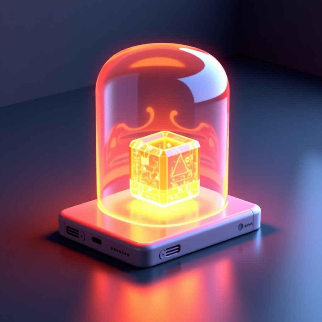 A 3D render of a smartphone with a transparent glowing shield around it. Inside the screen a small AI core is processing data. Warm lighting and a safe secure atmosphere. 4:3