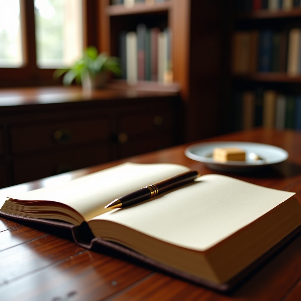 Close-up of an elegant wooden desk with an open leather-bound journal and a classic pen, soft morning light hitting the pages, bookshelves in the blurred background, timeless and intellectual mood. 4:3