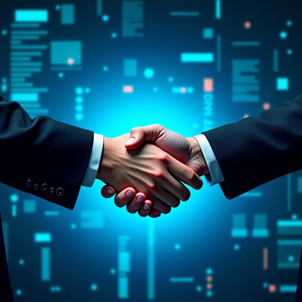 Two people shaking hands in front of a futuristic digital background with data streams, representing trust and security in technology, professional and high-tech vibe 4:3