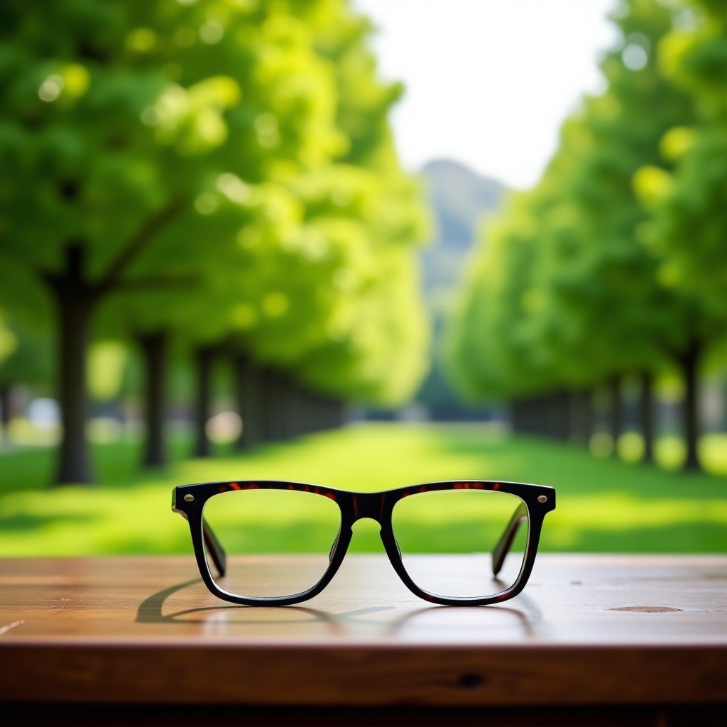 A conceptual image showing a balance between nature and technology. A pair of glasses sits on a wooden table outdoors in a lush green park. The focus is on the seamless integration of a high-tech device into a natural environment. 4:3.