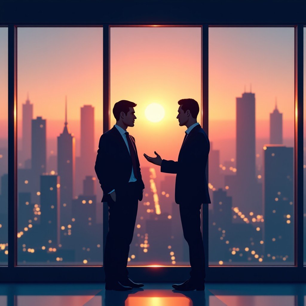 Silhouettes of two people discussing in front of a large window with a city view at dusk, futuristic laboratory background, sophisticated atmosphere, 4:3