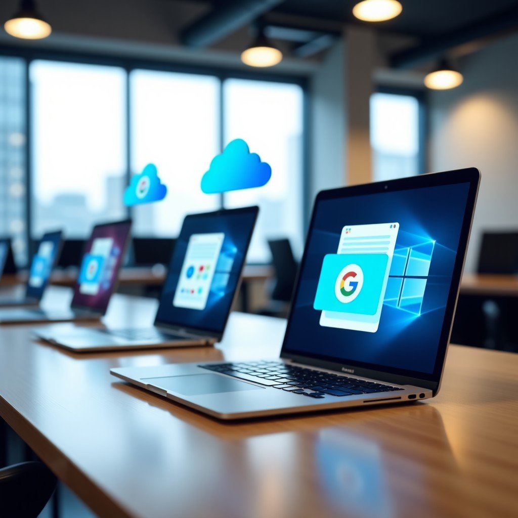 A professional office environment with several Apple MacBooks on desks. Floating icons of cloud identity providers like Google and Okta are shown connecting to the macOS interface. The atmosphere is clean and high-tech, representing enterprise security and integration. 4:3