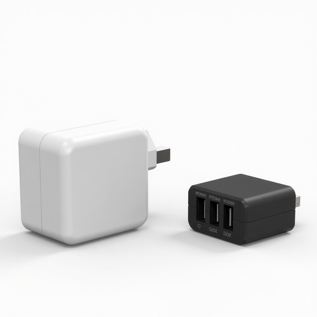 A side-by-side comparison of a bulky white laptop power adapter and a very small, compact 3-port black GaN charger. The image highlights the significant size difference and the multiple ports on the smaller device. 4:3