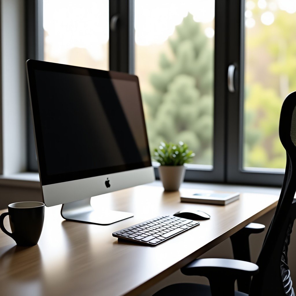 A minimalist home office setup with a high-end Mac computer, ergonomic keyboard, and a cup of coffee, soft natural light through a window, clean and organized composition, 4:3