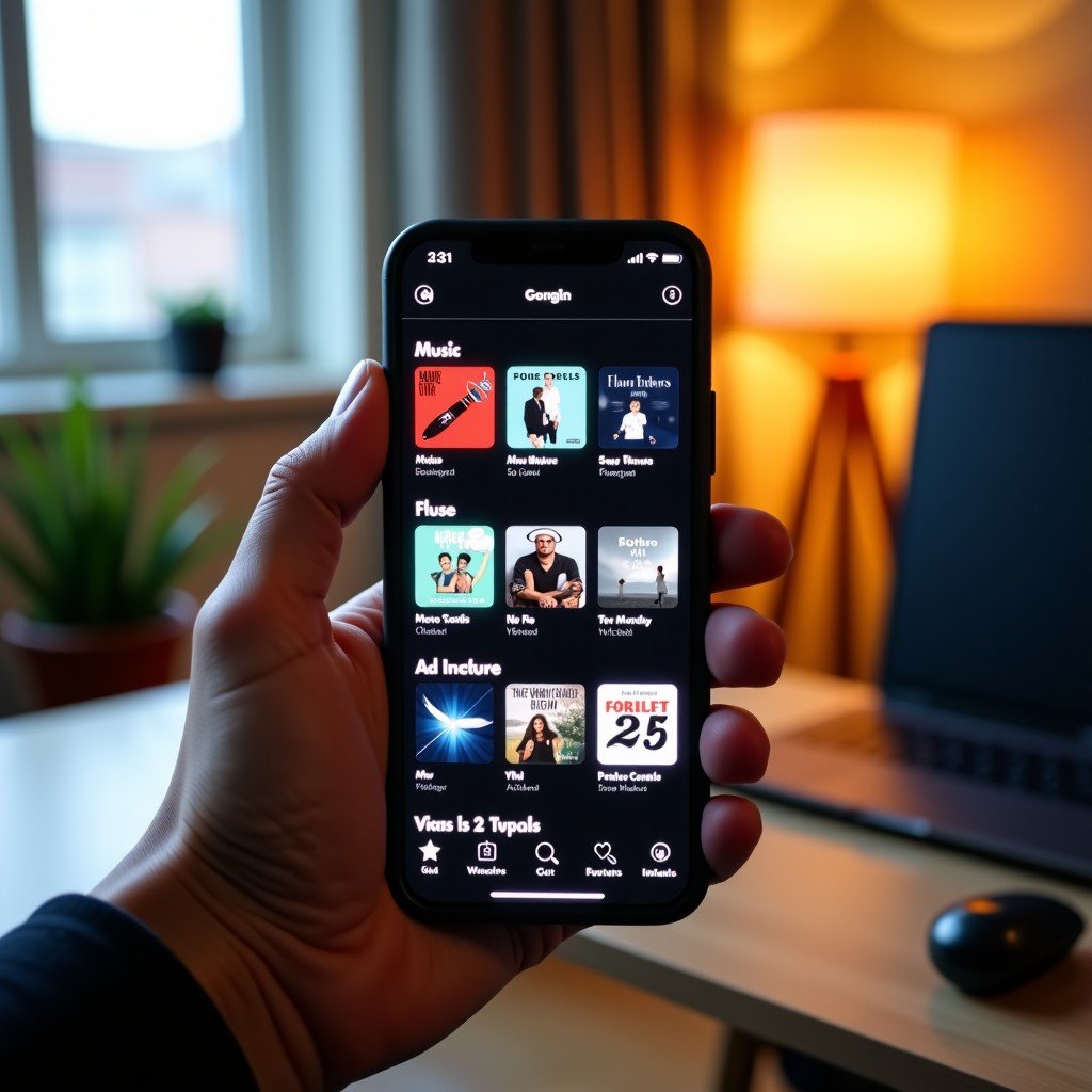 A realistic lifestyle shot of a hand holding a modern smartphone. The screen shows a beautifully organized music library with various album covers. The background is a slightly blurred creative studio with warm lighting. No text or icons on the screen. 4:3