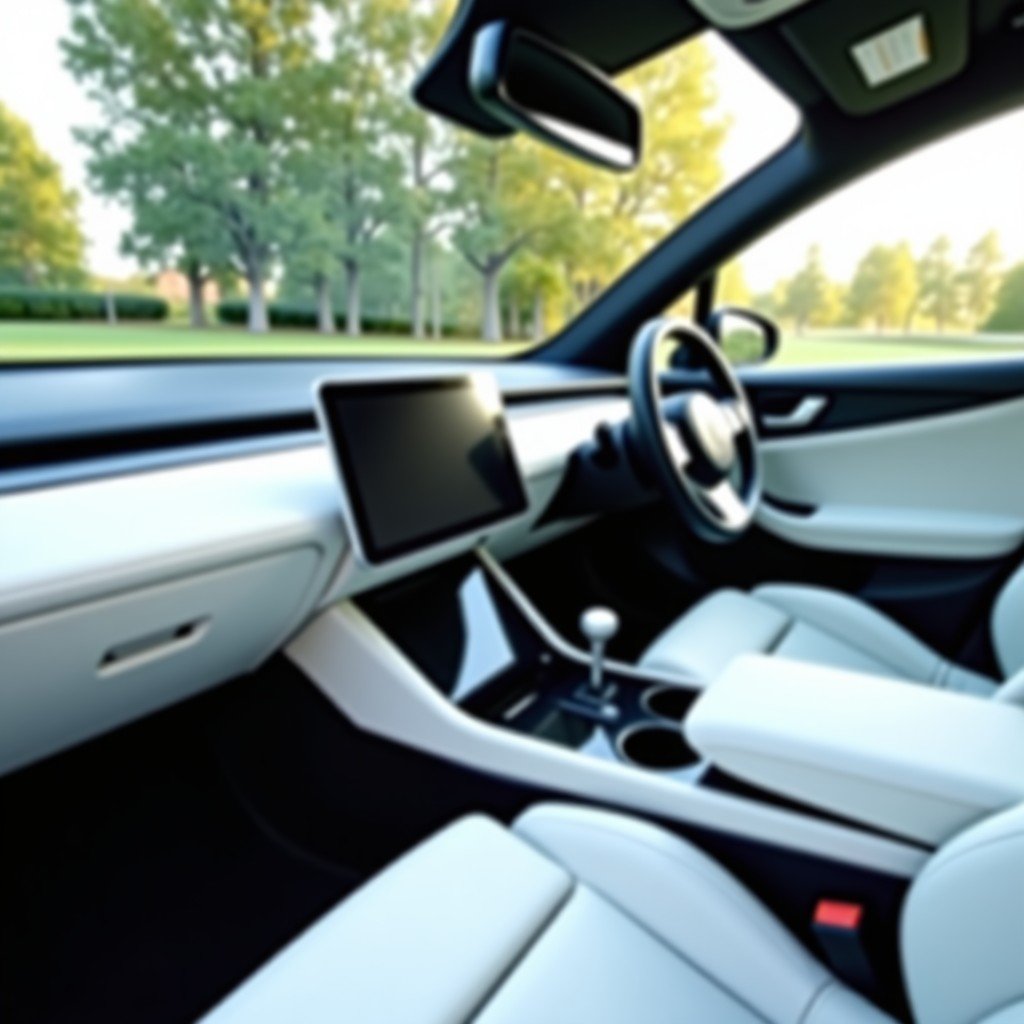 Wide angle shot of a clean white electric vehicle interior, focusing on the center console and a smartphone placed nearby, natural daylight, 1:1