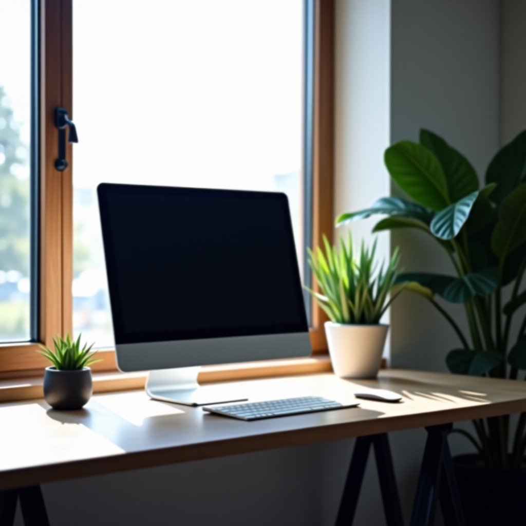 A minimalist workspace with a high-resolution monitor and a clean desk, soft natural light from a window, high-end technology vibe, 4:3
