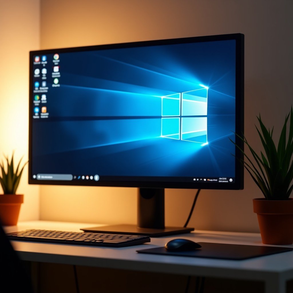 A clean and organized home office desk with a high-end monitor displaying a sophisticated AI chatbot interface, soft warm desk lighting, minimalist aesthetic, professional atmosphere, realistic photography 4:3