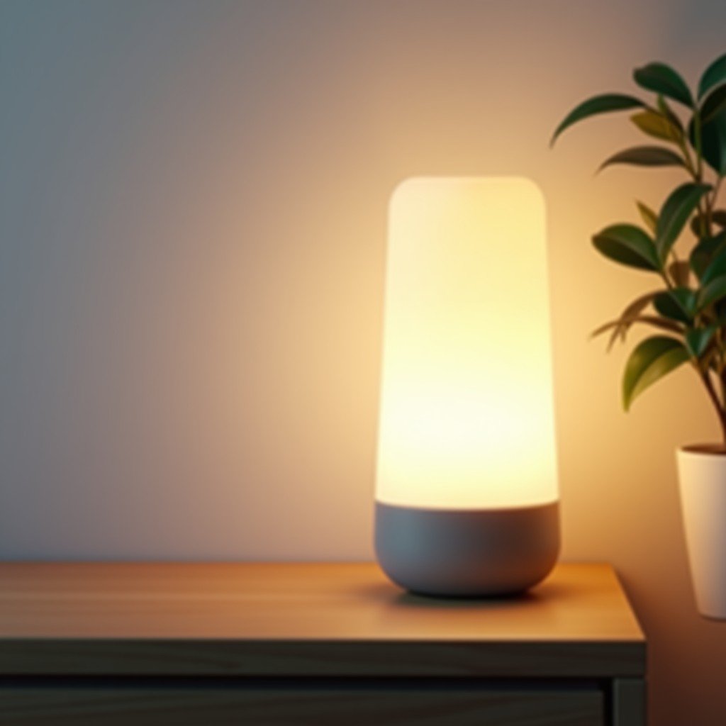 A minimalist and clean smart home interior with a simple voice assistant device on a wooden table with soft warm lighting. 4:3