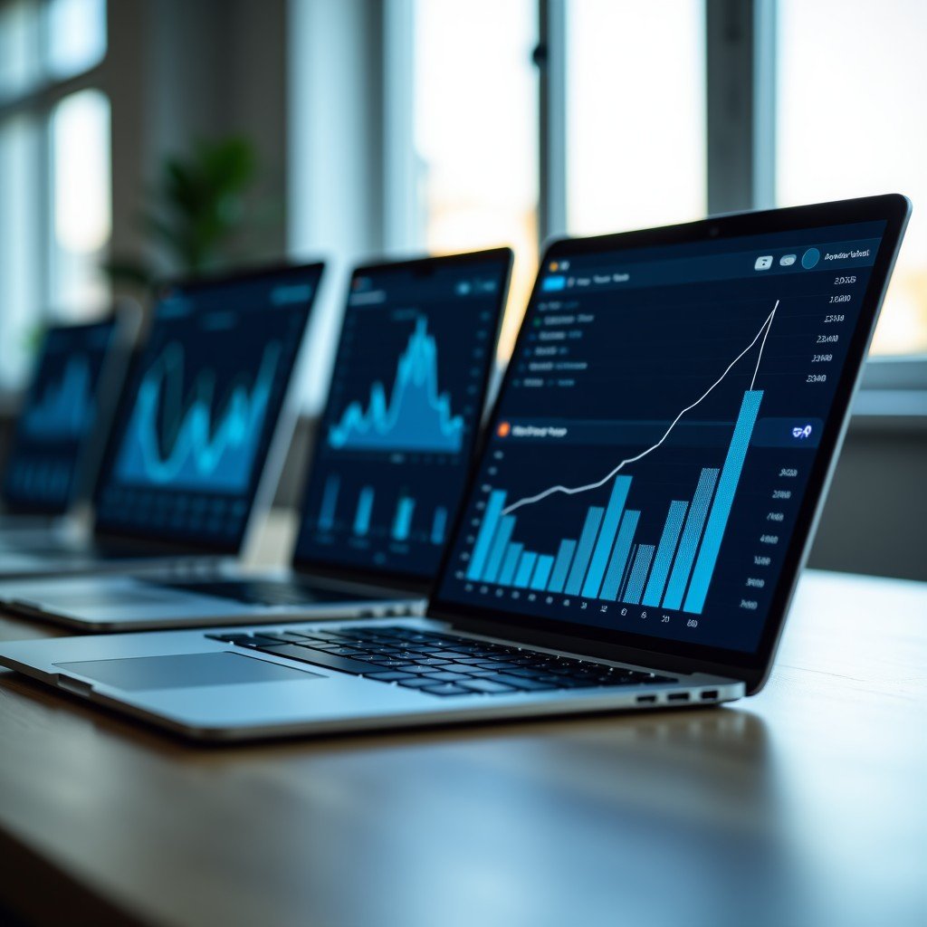 Multiple tablets displayed on a modern office desk showing different screens with graphs and AI interfaces, professional setup, soft focus background, 1:1