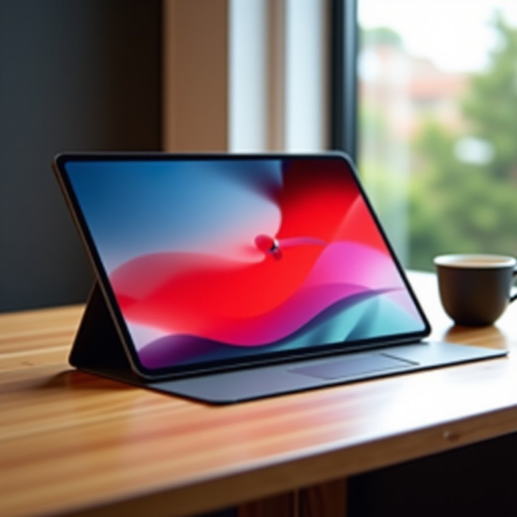 Lifestyle shot of a modern clean wooden desk with a thin tablet device showing a vibrant colorful wallpaper, blurred coffee cup in background. 4:3
